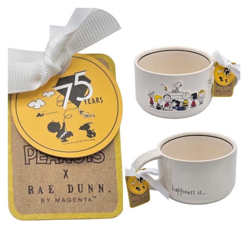 Rae Dunn Double‎ Sided Ceramic Mug Happiness Is Peanuts 75 Years Snoopy And Gang
